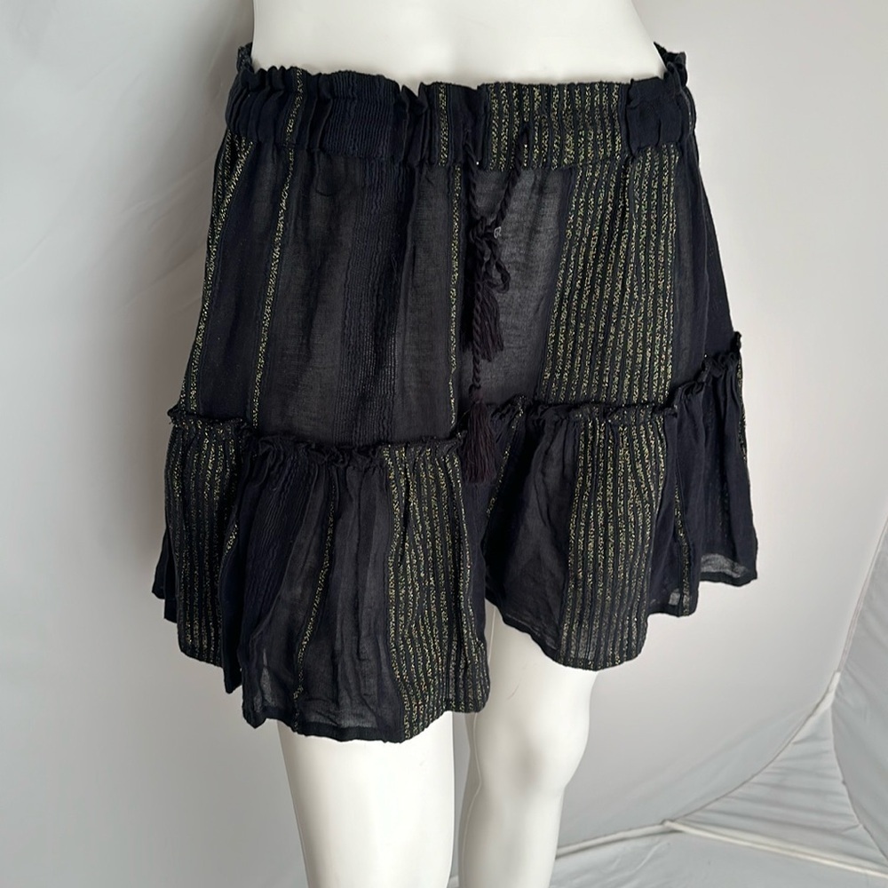 Elan Emilia black gold drawstring waist semi sheer cover up tiered mini skirt